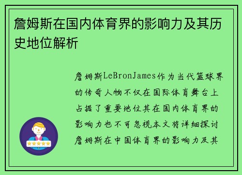 詹姆斯在国内体育界的影响力及其历史地位解析