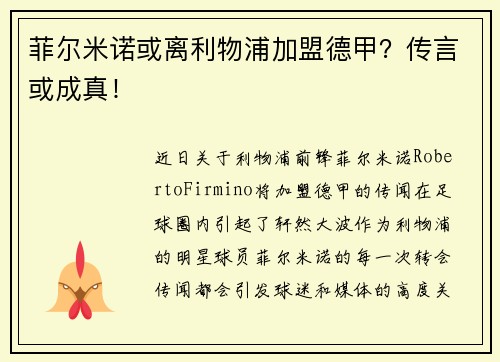 菲尔米诺或离利物浦加盟德甲？传言或成真！